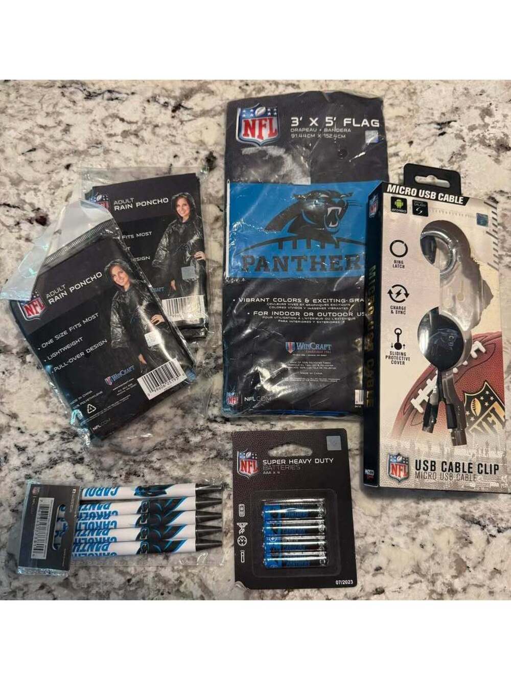 NFL Carolina Panthers Fan Gear Bundle - Flag, Ponchos, Cable, and More